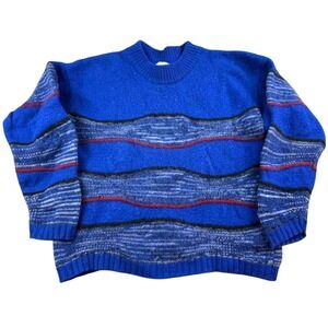 Vintage 80s Benellon Sweater Unisex Italy 48 Blue Striped Shetland Wool Classic